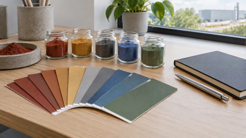 Cartillas de color en abanico, frascos con pigmentos en polvo, un cuaderno y una birome sobre un escritorio de madera junto a una ventana