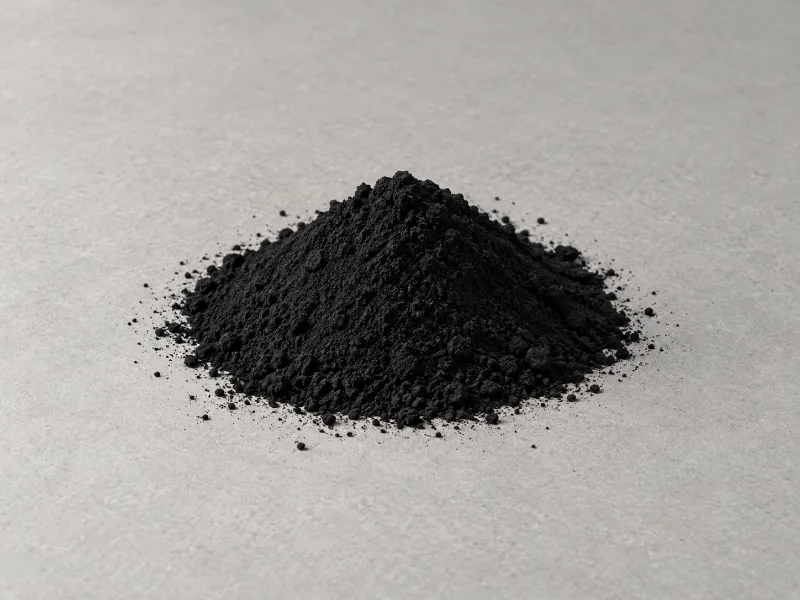 Pigmento negro en polvo, en un montículo sobre una superficie gris