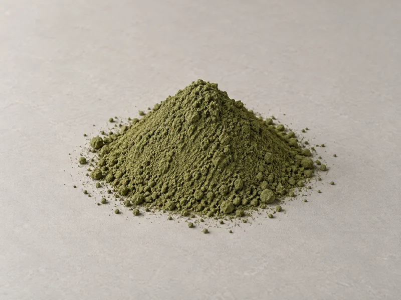 Pigmento verde oliva en polvo, en un montículo sobre una superficie gris