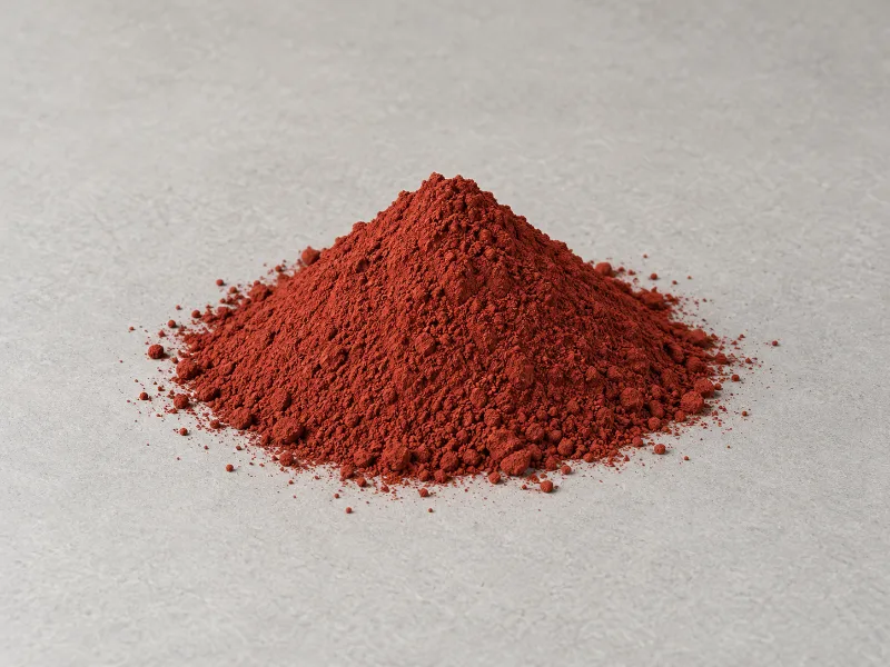 Pigmento rojo óxido en polvo, en un montículo sobre una superficie gris
