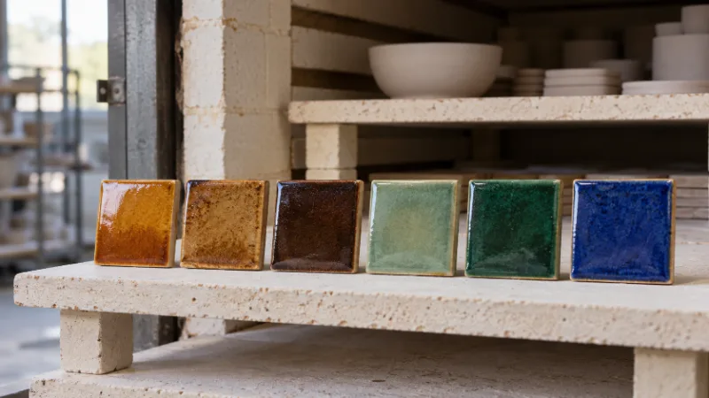 Azulejos de prueba cocidos con esmaltes ámbar, miel, marrón, verde claro, verde oscuro y azul sobre una placa de horno