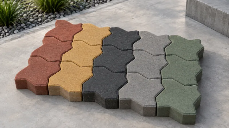Adoquines de hormigón terracota, amarillo ocre, negro, gris y verde, colocados uno al lado del otro