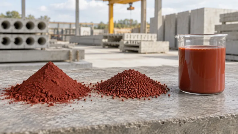 Óxido de hierro rojo en tres formas sobre una mesada de hormigón: en polvo, granulado y líquido en un vaso