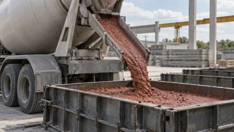 Mezcladora volcando hormigón de color terracota en un molde de acero en una planta de premoldeados