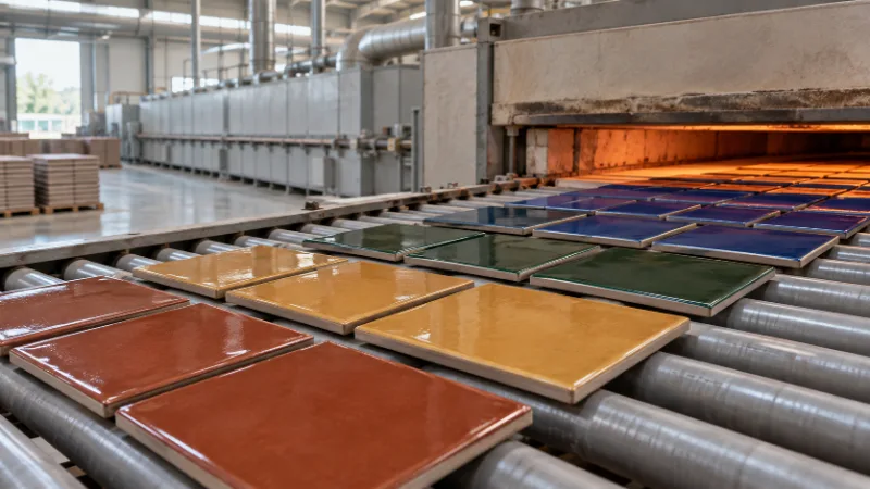 Baldosas esmaltadas marrón rojizo, ocre, verde oscuro y azul sobre los rodillos, a la salida de un horno cerámico industrial
