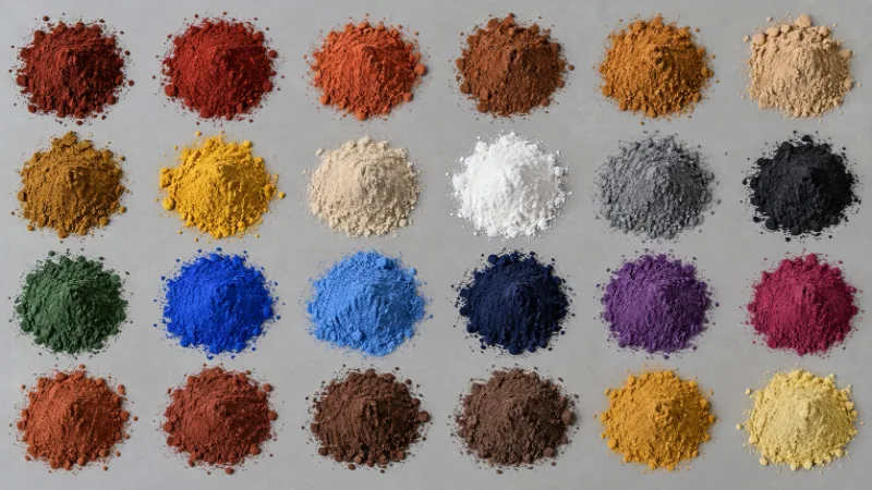 Montoncitos de pigmentos en polvo de muchos colores ordenados en filas sobre una superficie gris: rojos, terracotas, marrones, ocres, amarillos, blanco, grises, negro, verdes, azules, violeta y magenta