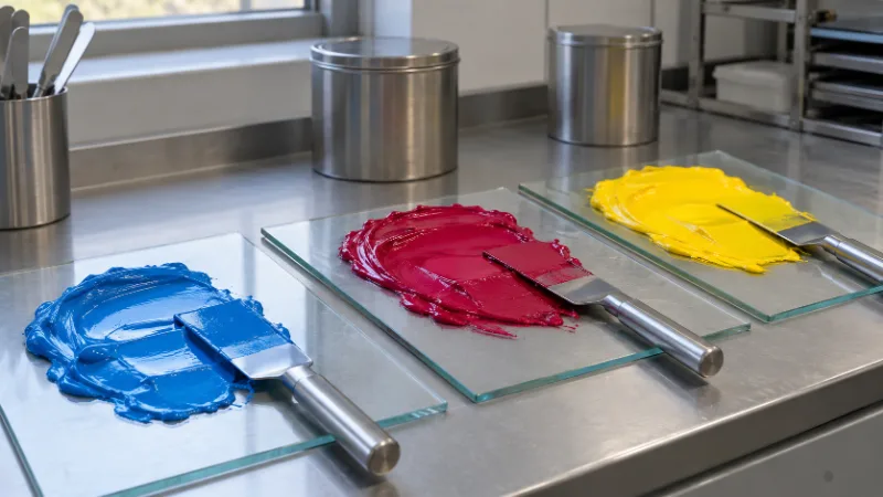 Tintas de impresión cian, magenta y amarilla extendidas sobre vidrios, cada una con su espátula