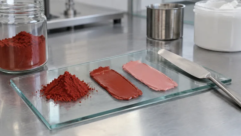 Prueba de tinte sobre un vidrio: óxido rojo en polvo, una franja de pasta roja y otra rosada, mezclada con blanco, junto a una espátula